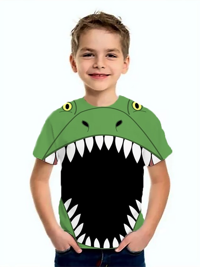  T-shirt Garçon Enfants Manches Courtes Bande dessinée Animal 3D effet Vert Enfants Hauts basique Frais Eté Ecole du quotidien Intérieur 3-12 ans