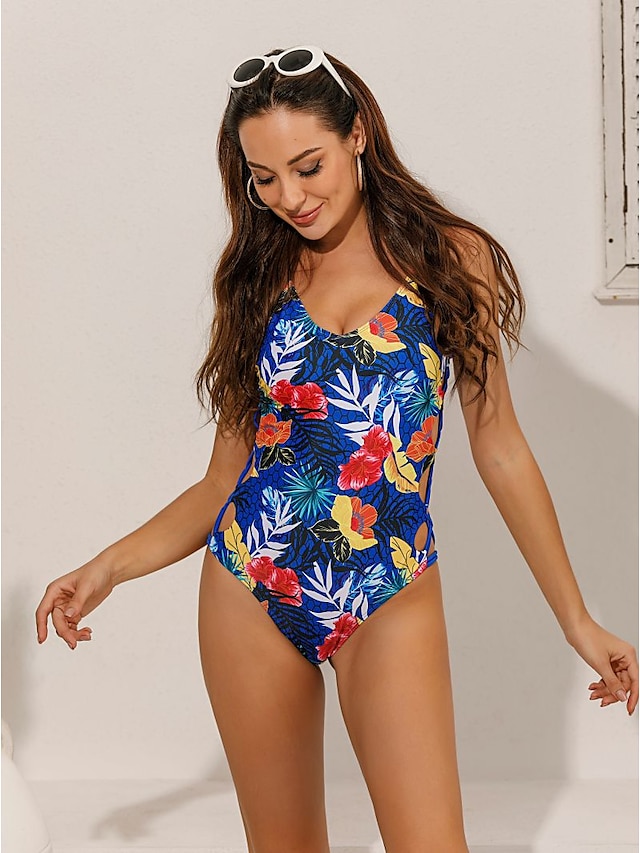  Women's Swimwear One Piece Normal Swimsuit Print Floral Blue Bathing Suits Sexy
