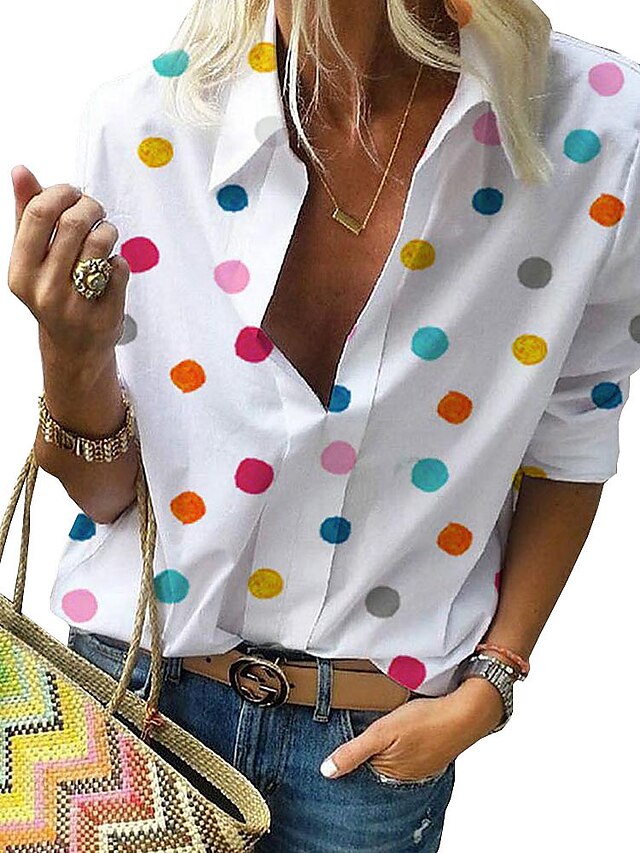  Damen Übergrössen Bluse Hemd Punkt Sexy Langarm Druck Hemdkragen Oberteile Freizeit Basic Top Weiß Blau Grau