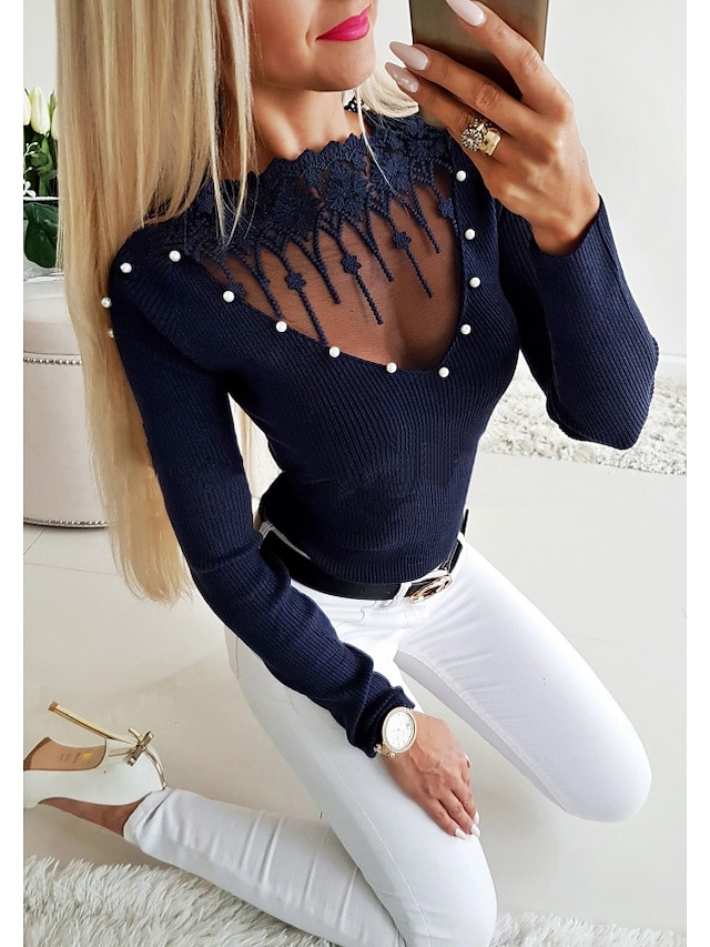  Women's Pullover Solid Colored Long Sleeve Slim Sweater Cardigans Fall Spring Deep V Blue Gray