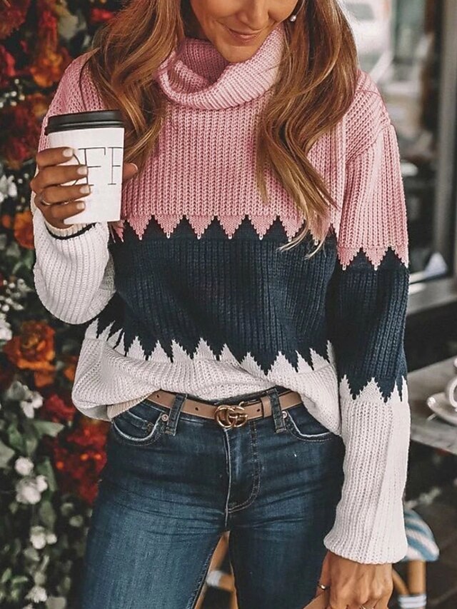  Dame bluse Farveblok Langærmet Løstsiddende Overdimensionerede Sweater Cardigans Efterår Rullekrave Lilla Lyserød Kakifarvet