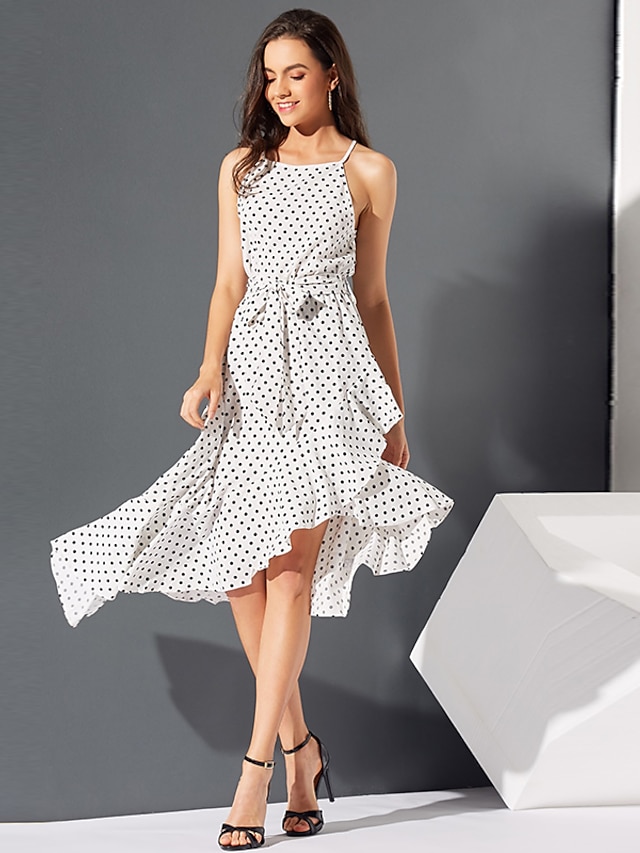  Damen Schaukelkleid Knielanges Kleid Weiß Ärmellos Punkt Sommer Rundhalsausschnitt Freizeit 2021 S M L XL XXL