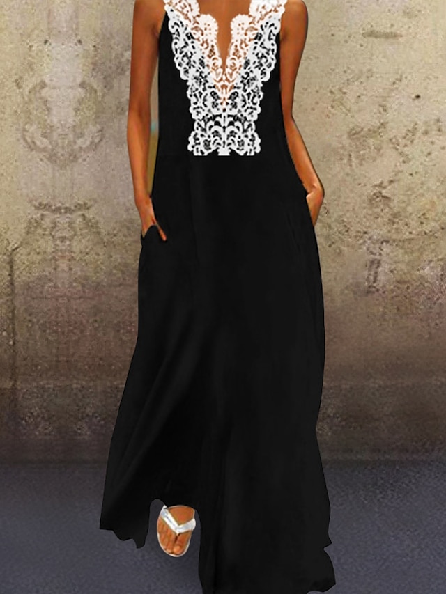  Women's Sheath Dress Maxi long Dress Black Sleeveless Color Block Deep V Hot Elegant Slim S M L XL XXL