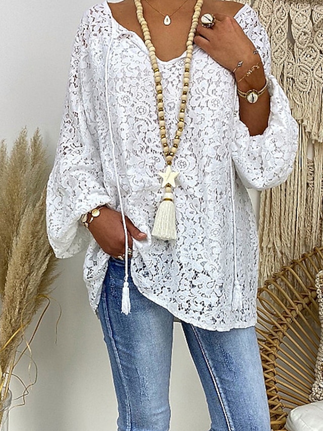  Women's Plus Size Blouse Shirt Floral Flower Long Sleeve Hollow Out Lace V Neck Tops Casual Basic Top White