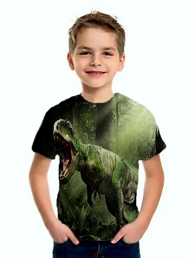  Infantil Para Meninos Camisa Camiseta Manga Curta Dinossauro Animal Estampado Verde Crianças Blusas Verão Básico Legal