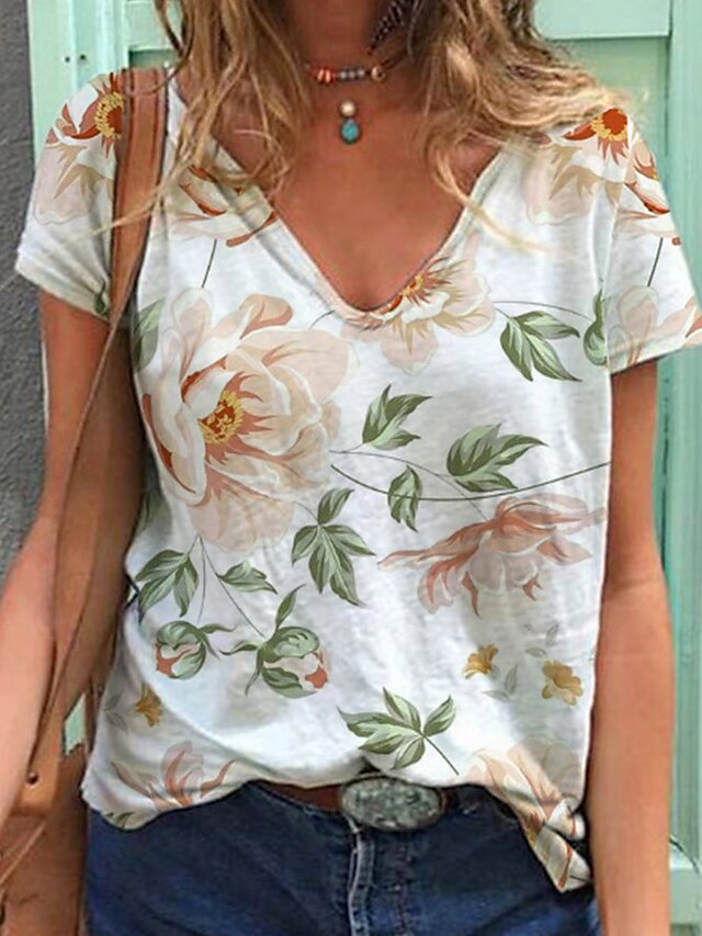  Women's T shirt Floral Flower Print V Neck Tops Cotton White