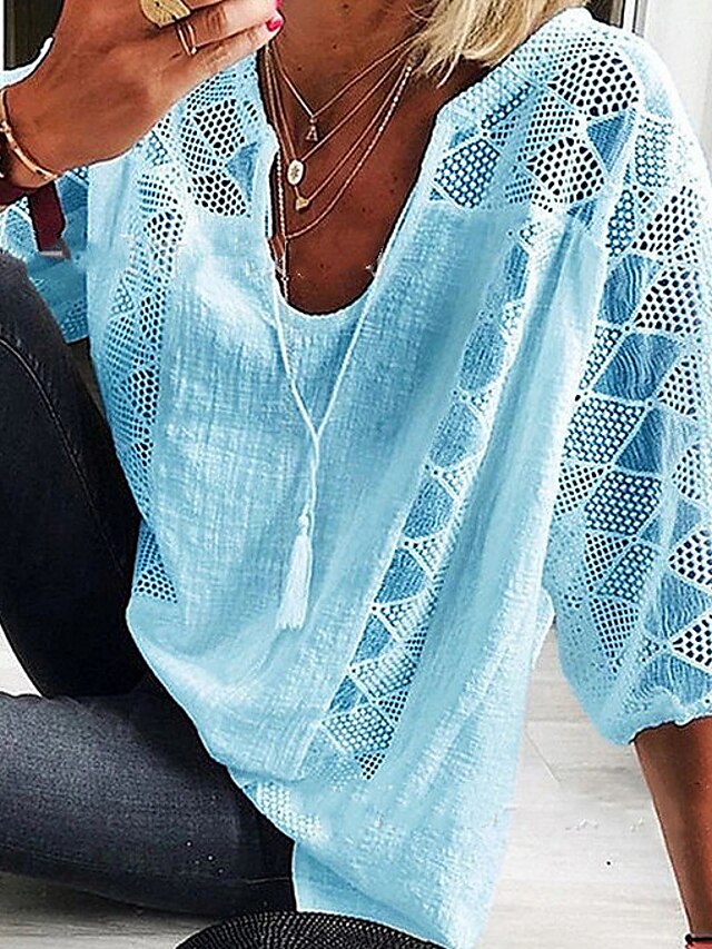 Women's Plus Size Blouse Shirt Solid Colored Sexy Lace up Cut Out Round Neck V Neck Tops Basic Top White Blue Green