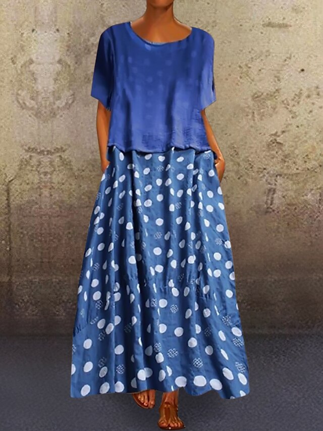  Women's Loose Maxi long Dress Blue Black Short Sleeve Polka Dot Print Spring & Summer Round Neck Hot Plus Size Abaya Holiday Loose 2021 L XL XXL 3XL 4XL 5XL
