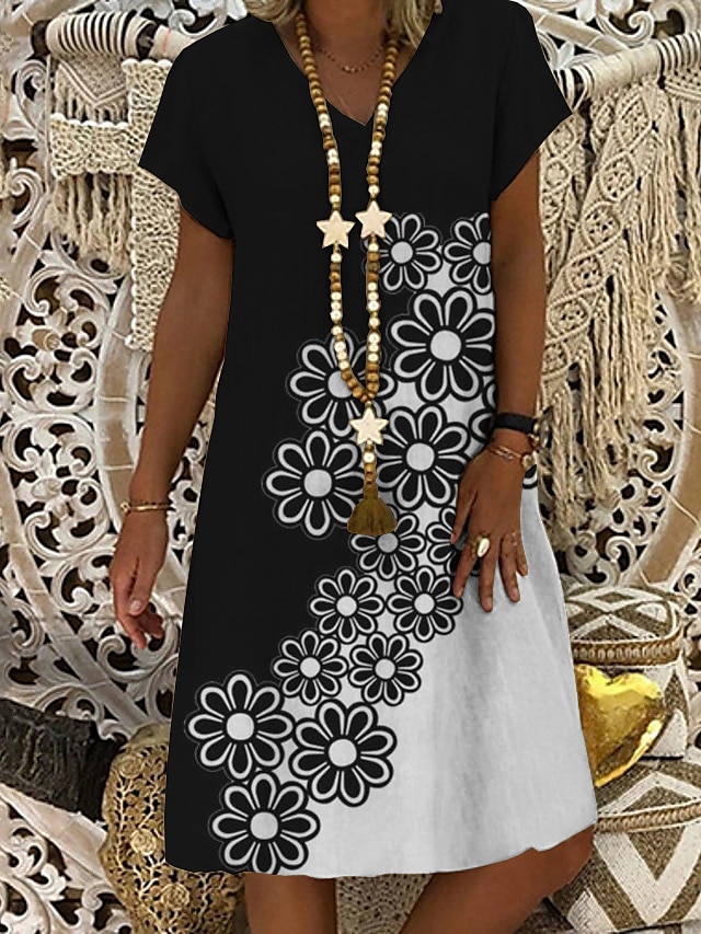  Women's A Line Dress Knee Length Dress Black Short Sleeve Floral Print Summer V Neck Casual 2021 M L XXL 3XL
