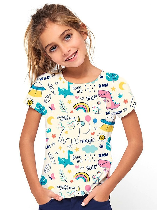  Børn Pige T-shirt Kortærmet Dinosaurus Dyr Trykt mønster Beige Børn Toppe Sommer Basale Ferie Sej
