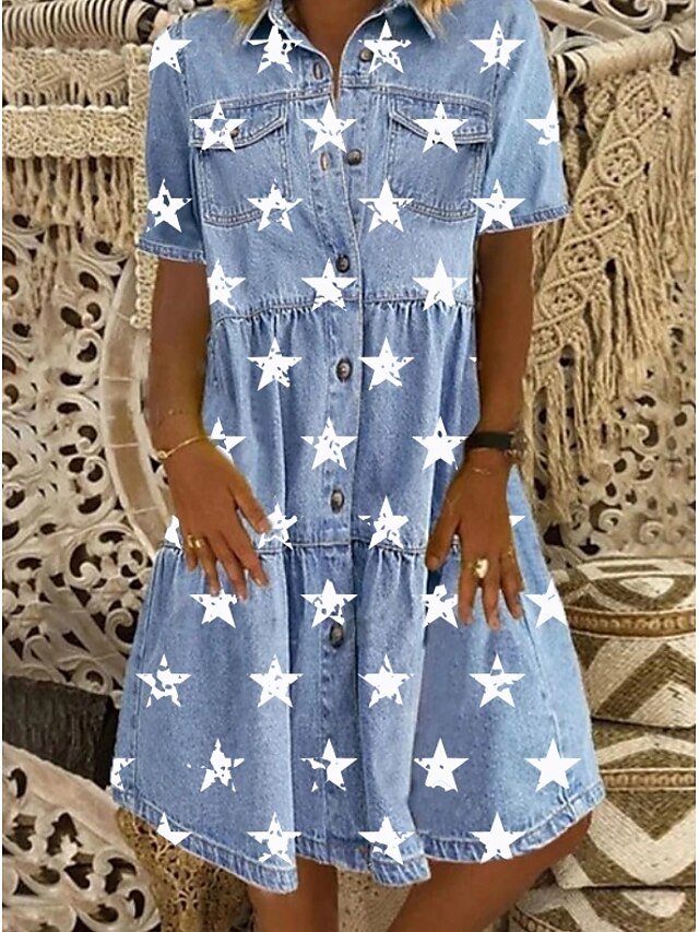  Dame Denim skjortekjole Knelang kjole Blå Kortermet Stjerne Knapp foran Trykt mønster Sommer Skjortekrage Fritid 2021 M L XL XXL 3XL