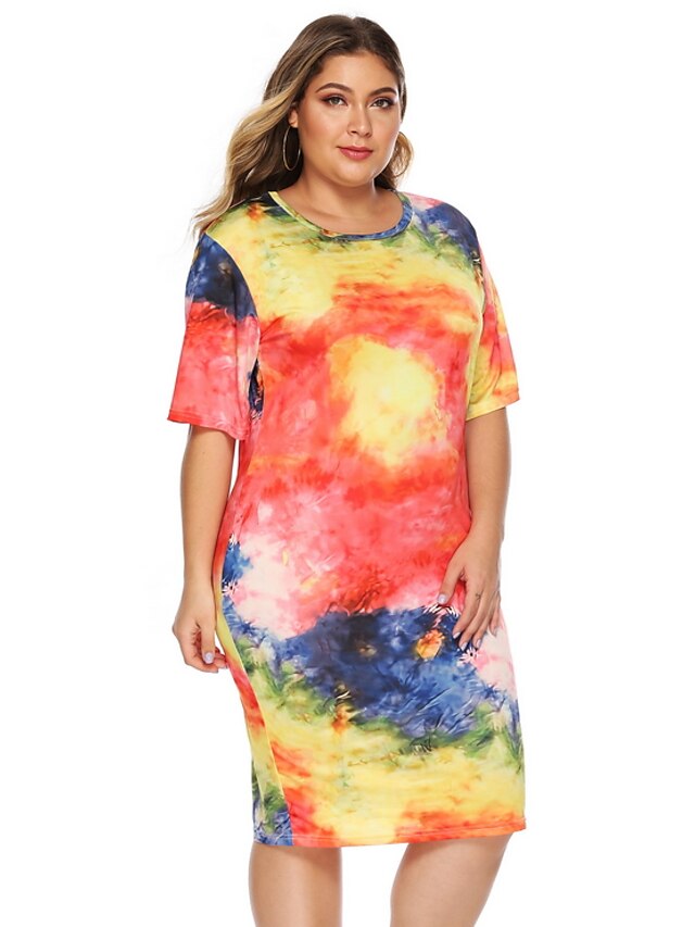  Women's T Shirt Dress Tee Dress Knee Length Dress Rainbow Short Sleeve Rainbow Summer Round Neck Casual Chinoiserie 2021 XL XXL 3XL 4XL / Plus Size