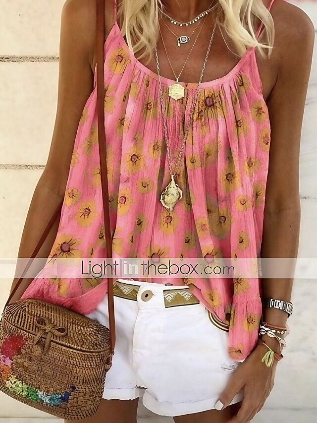  Women's Camisole Blouse Yellow Pink Red Floral Flower Daily Sleeveless Round Neck Boho Regular S