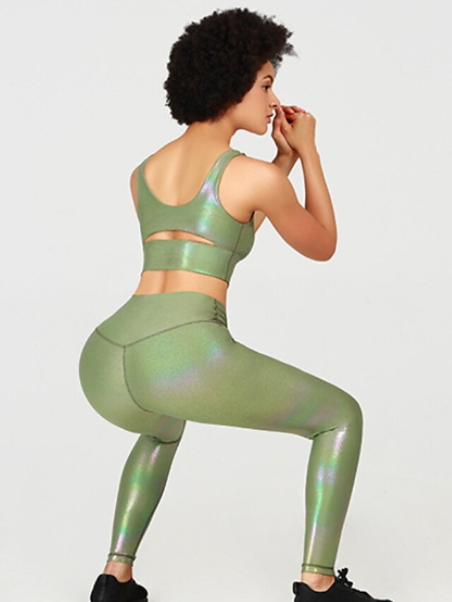  Women's Yoga Basic Legging Color Block Mid Waist Blue Green XS S M