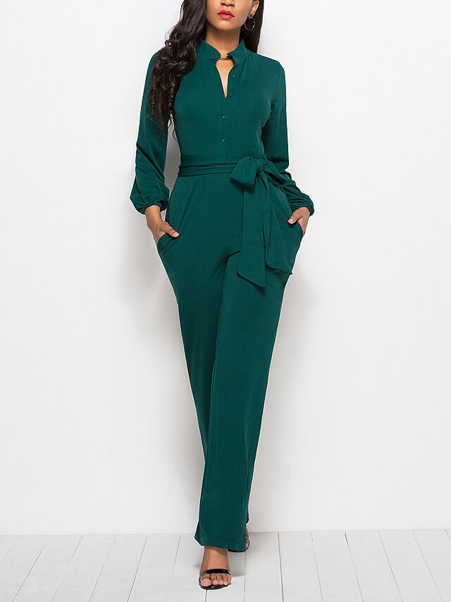  Women's Jumpsuit Solid Color Belted Button Front Business Shirt Collar Straight Daily Office Long Sleeve Regular Fit Green Black Wine S M L Fall