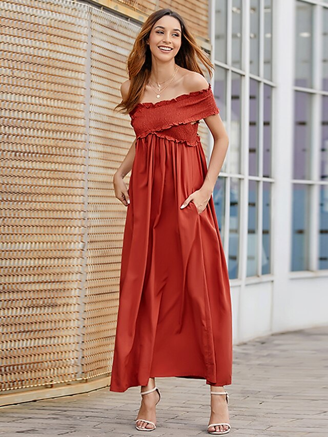  Women's Swing Dress Maxi long Dress Black Brown Short Sleeve Solid Color Summer Off Shoulder Elegant Casual 2021 S M L XL XXL