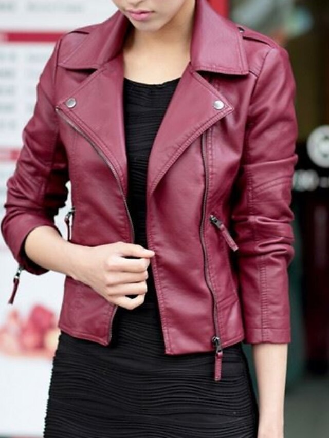  Women's Faux Leather Jacket Daily Regular Coat Regular Fit Jacket Long Sleeve Solid Colored Wine Black