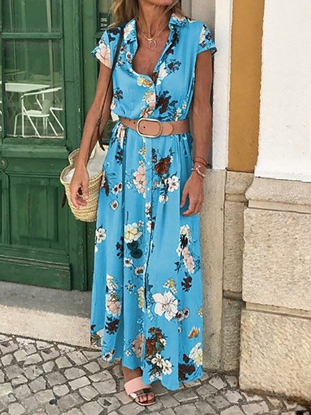  Damen Etuikleid Maxikleid Blau Purpur Gelb Ärmellos Blumen Druck Knopf vorne Druck Frühling Sommer Tiefes V heiß Freizeit Festtage Schlank Boho S M L XL XXL / Baumwolle / Baumwolle