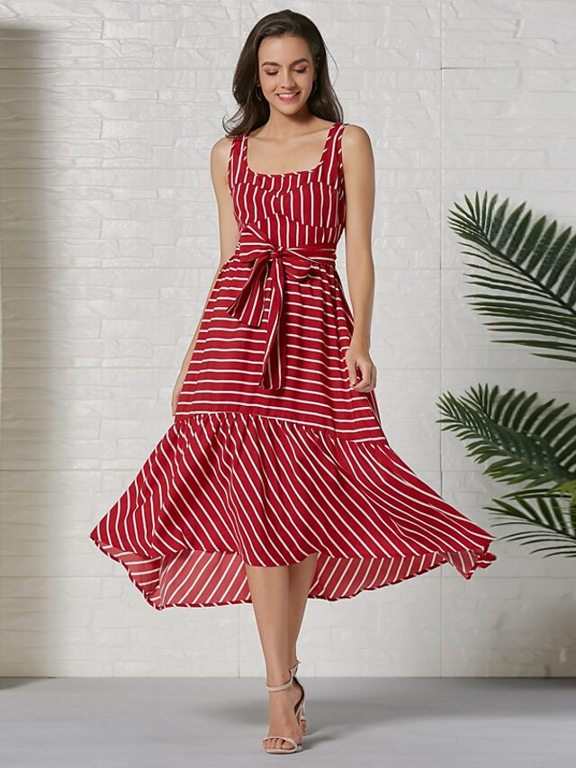 Women's Swing Dress Knee Length Dress Red Sleeveless Striped Bow Summer Boat Neck Casual 2021 S M L XL XXL