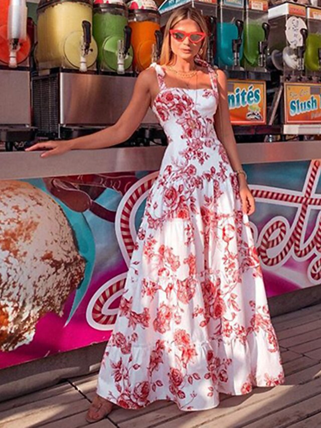  Women's Strap Dress Maxi long Dress - Sleeveless Floral Slim White S M L XL