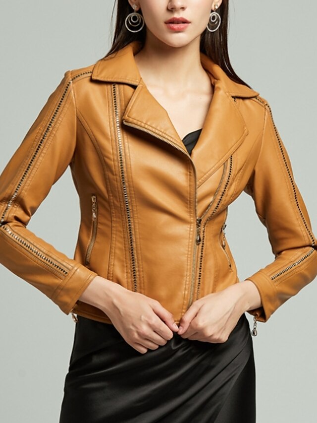  Women's Faux Leather Jacket Daily Regular Coat Regular Fit Jacket Long Sleeve Black Brown