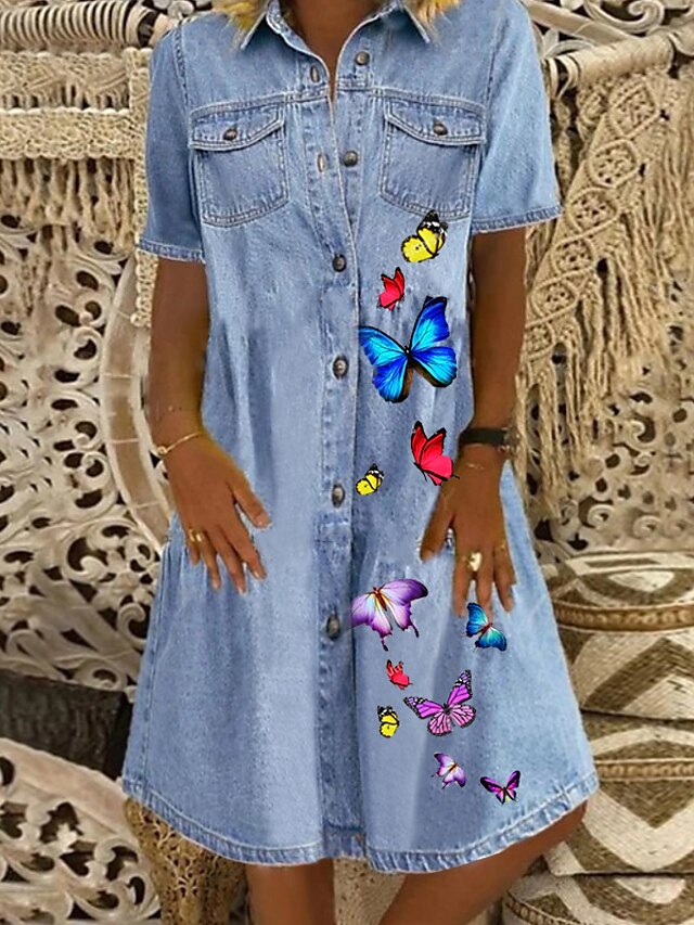  Women's Denim Shirt Dress Knee Length Dress Blue Short Sleeve Butterfly Animal Pocket Button Front Print Summer Shirt Collar Casual 2021 M L XL XXL 3XL