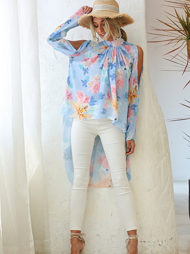  Mujer Blusa Parte superior con ojales Camisa Floral Flor Manga Larga Escote Redondo Tops Corte Ancho Azul Piscina Verde Trébol Blanco