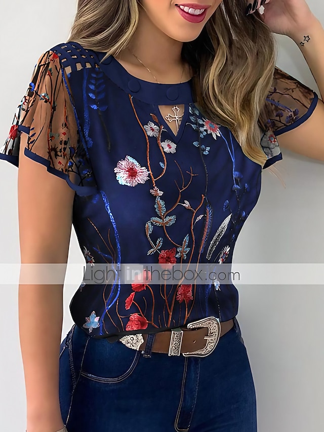  Mujer Camisa Camiseta Blusa Parte superior con ojales Floral Flor Casual Diario Negro Manga Corta Elegante Escote Redondo Verano