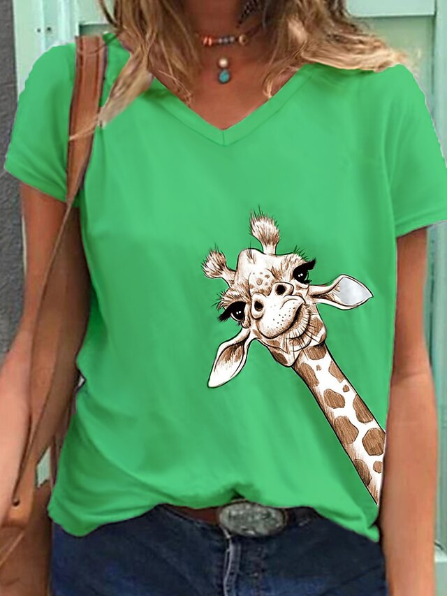  Dame Dyr Afslappet Daglig Weekend Kortærmet T-shirt V-hals Basale Toppe Grøn Blå Hvid 2 S / Sommer / 3D-udskrivning