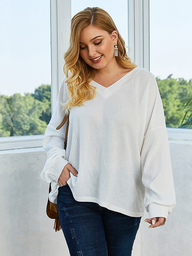  Women's Solid Colored Pullover Long Sleeve Plus Size Sweater Cardigans V Neck Fall Winter White