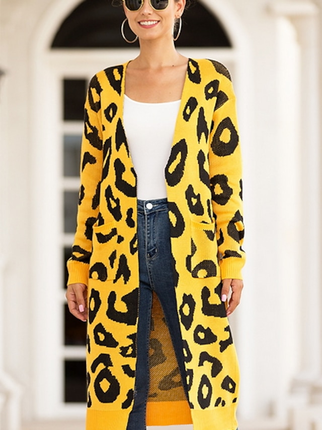  Women's Cardigan Leopard Cheetah Print Cotton Long Sleeve Loose Sweater Cardigans Fall Halter Neck Yellow Blushing Pink Army Green