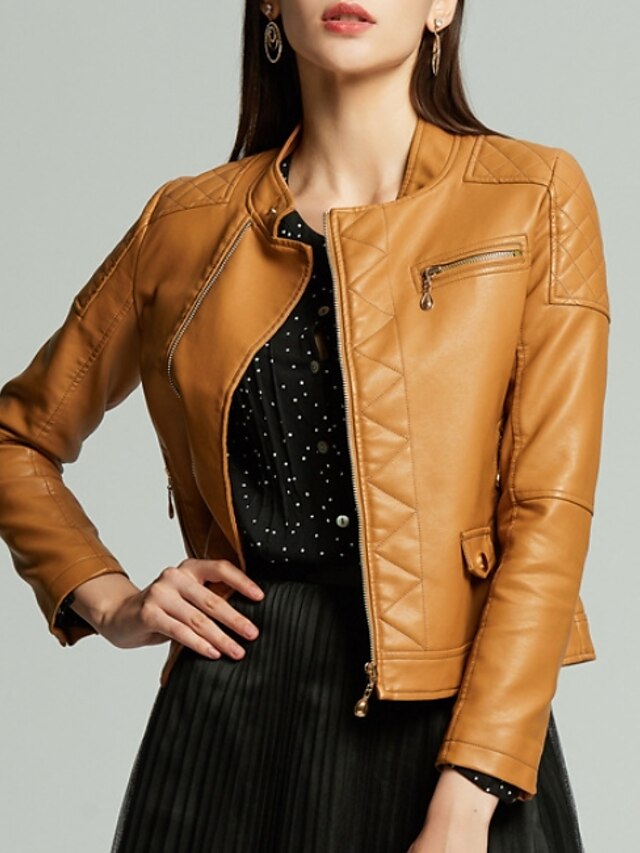  Women's Solid Colored Spring &  Fall Faux Leather Jacket Regular Daily Long Sleeve PU Coat Tops Black