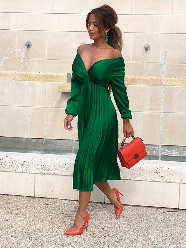  Women's A Line Dress Knee Length Dress Green Long Sleeve Solid Color Ruched Summer V Neck Hot Sexy 2021 S M L XL