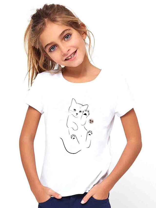  Børn Pige T-shirt Kortærmet Kat Dyr Trykt mønster Hvid Børn Toppe Basale Ferie Sød Stil