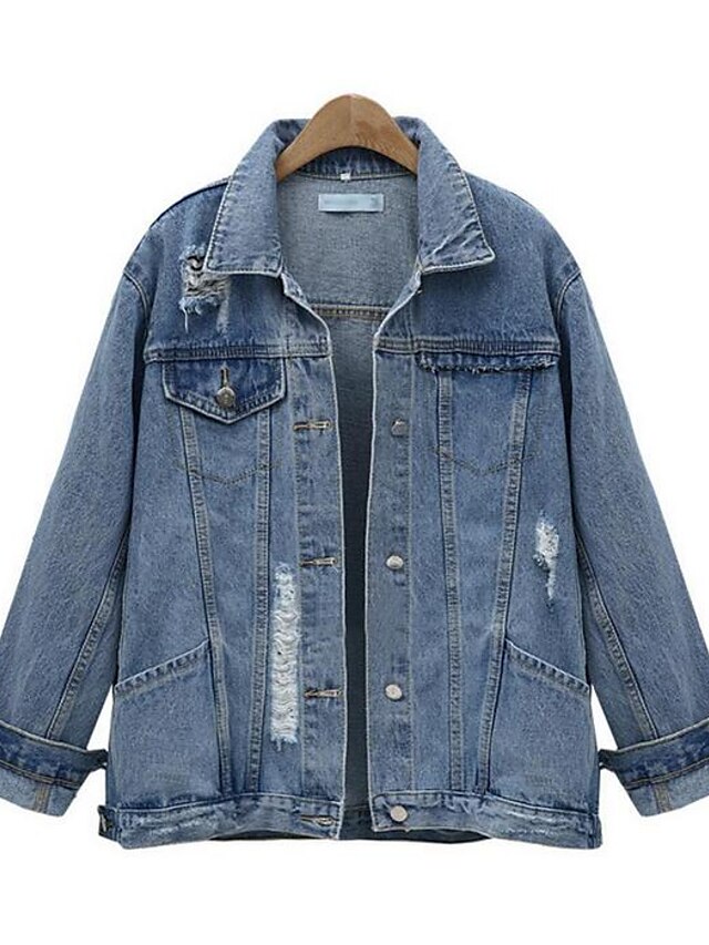  Women's Solid Colored Cut Out Basic Fall & Winter Denim Jacket Regular Daily Long Sleeve Cotton Coat Tops Blue