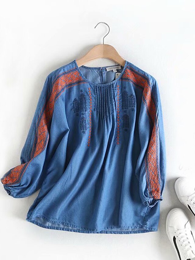  Damen Hemd Bluse Blau Leicht Blau Farbblock Bedruckt 3/4 Ärmel Täglich Rundhalsausschnitt Baumwolle Lockere Passform Herbst
