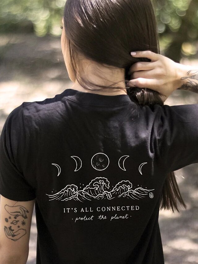  Women's T shirt Graphic Scenery Text Print Round Neck Tops 100% Cotton Basic Basic Top Black