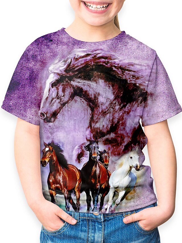  Kids Girls' T shirt Tee Short Sleeve Horse Animal Print Purple Children Tops Basic Holiday