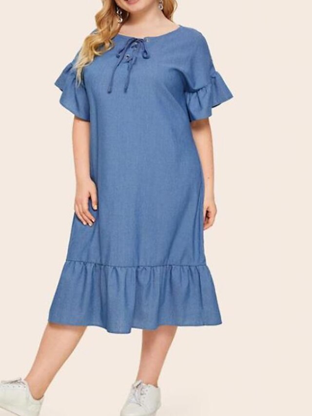  Women's A Line Dress Midi Dress Blue Short Sleeve Solid Color Summer Round Neck Casual 2021 XL XXL 3XL 4XL / Plus Size