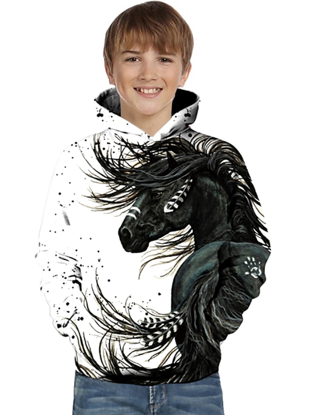  Børn Baby Drenge Hættetrøje og sweatshirt Langærmet Hest Fantastiske Dyr Batikfarvet 3D Dyr Trykt mønster Hvid Børn Toppe Aktiv Basale Jul