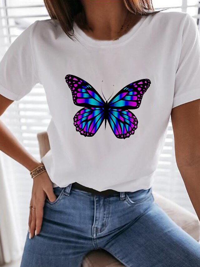  Women's T shirt Butterfly Graphic Prints Round Neck Tops 100% Cotton Basic Top White