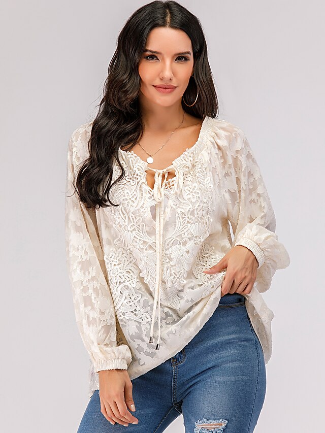  Women's T shirt Solid Colored Long Sleeve Hollow Out Embroidery Lace V Neck Tops Beige