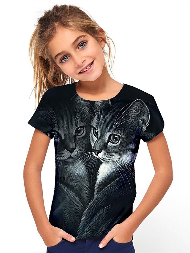  Niños Chica Camiseta Manga Corta Gato Animal Negro Niños Tops Básico Vacaciones Estilo lindo