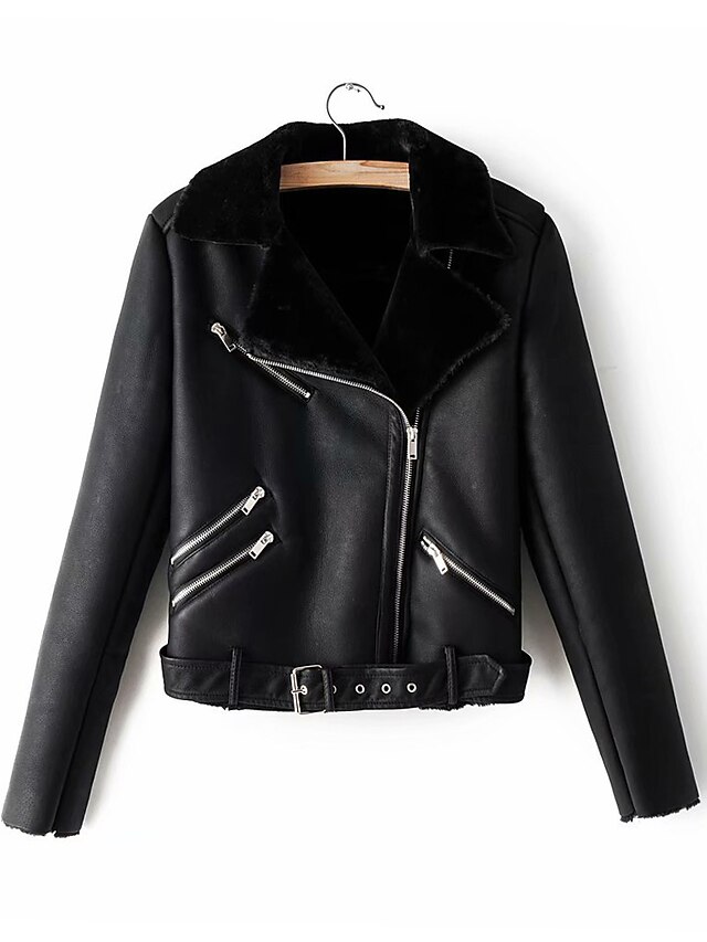  Women's Solid Colored Fall & Winter Notch lapel collar Jacket Regular Daily Long Sleeve PU Coat Tops Black