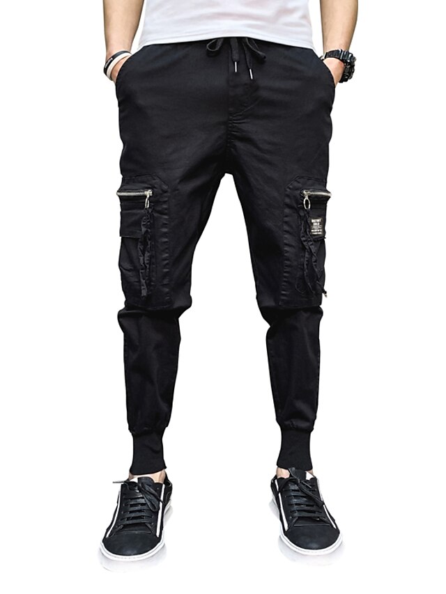  Men's Streetwear Drawstring Jogger Tactical Cargo Trousers Plus Size Full Length Pants Inelastic Daily Going out Solid Colored Mid Waist Sports Slim Black XL / Fall / Spring