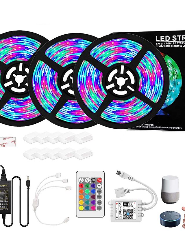  Waterproof RGB Led Strip 900 LEDs Intelligent Dimming WIFI App Control Flexible Led Strip Lights 15M (3x5M) 2835 RGB SMD IR 24 Key Controller With 12V 4A Adapter Kit
