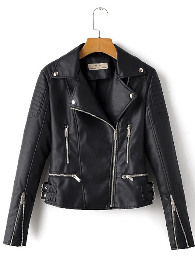  Women's Solid Colored Winter Faux Leather Jacket Short Daily Long Sleeve PU Coat Tops Black