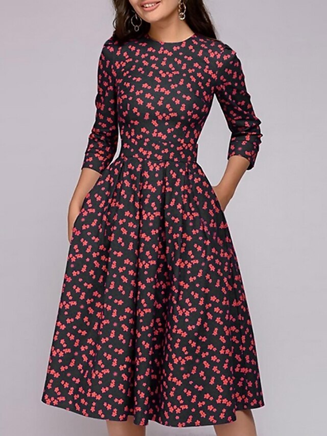  Women's A Line Dress Midi Dress Red 3/4 Length Sleeve Floral Print Spring Round Neck Hot Going out S M L XL XXL
