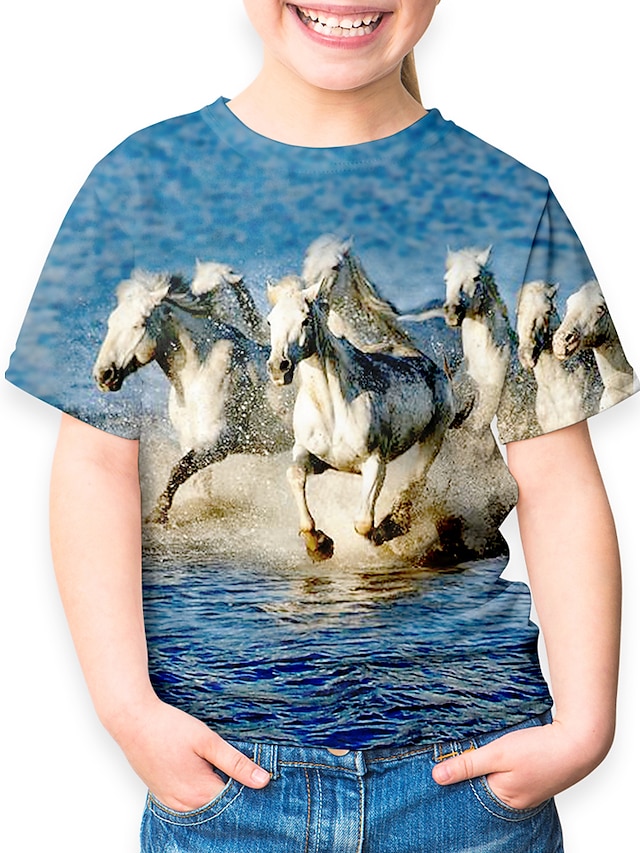  Børn Pige T-shirt Kortærmet Hest enhjørning Dyr Trykt mønster Blå Børn Toppe Basale Ferie Sød Stil