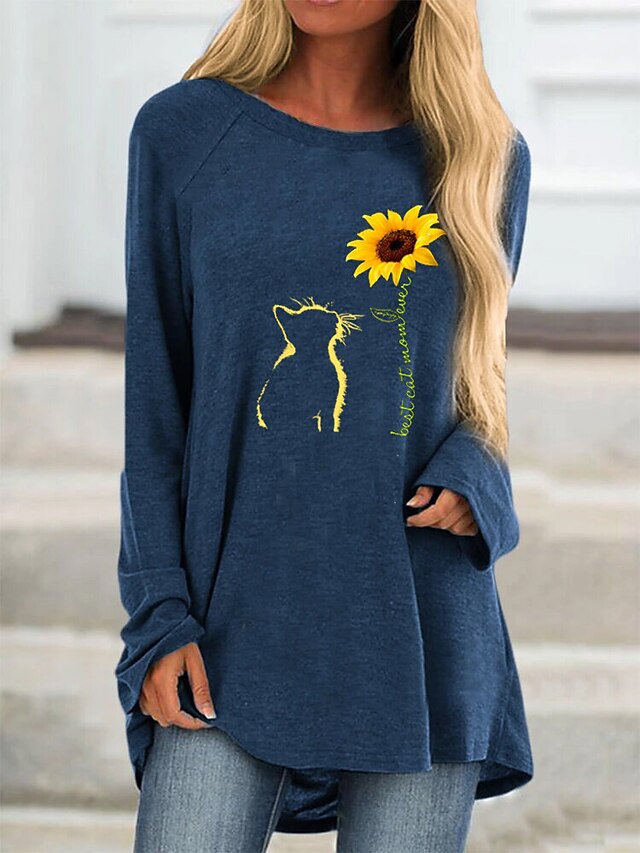  Robe t-shirt Tunique T-shirt Femme Quotidien Fleurie Fleur Animal Manches Longues Imprimé Col Rond basique Fuchsia Bleu Marine Hauts Ample